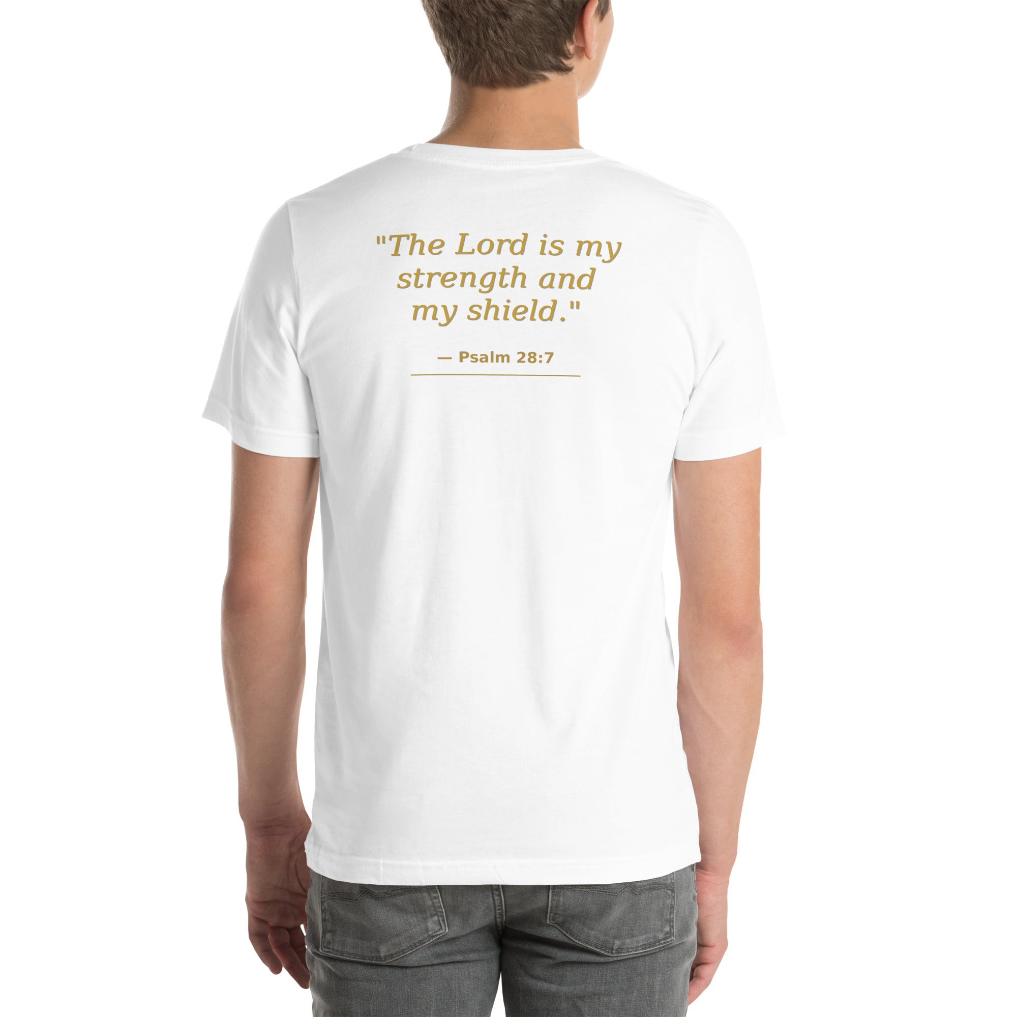 Iron Cross Psalm 28:7 gym t-shirt — Bible verse back print