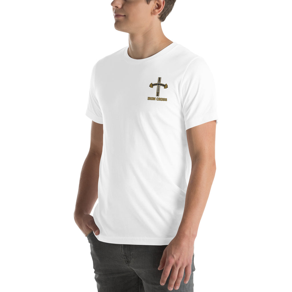 Iron Cross Psalm 28:7 gym t-shirt — left front view