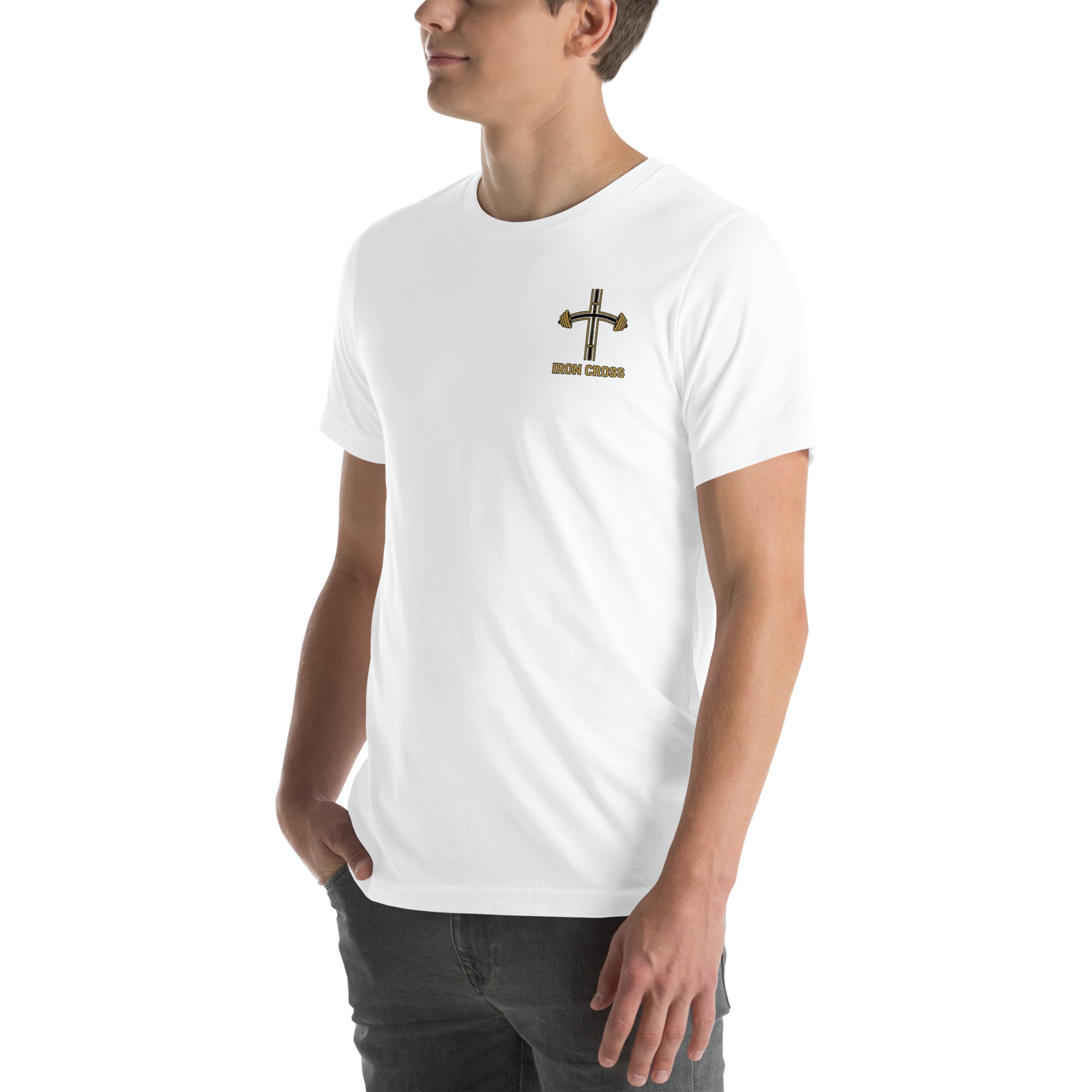 Iron Cross Psalm 28:7 gym t-shirt — left front view